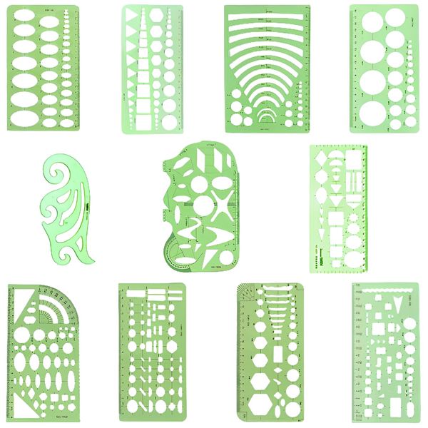 Drawing Stencil Technical Drawing, 11-Piece Plastic Circle Stencil Set, Geometric Hole Stencil, Drawings, Ruler Template (Green)