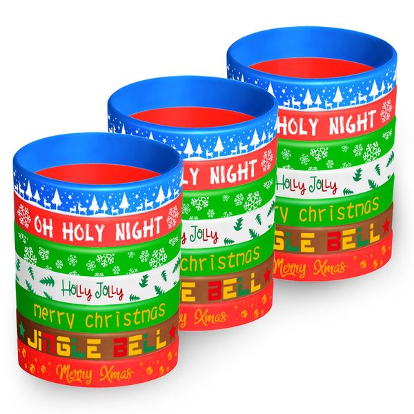 FEPITO 70 Pieces Christmas Silicone Wristbands Rubber Band Bracelets for Christmas Party Decoration Supplies 7 Merry Xmas Style