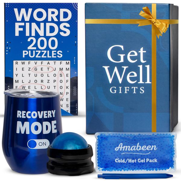 Amabeen Get Well Soon Gifts for Men - Gift Basket Containing Insulated Tumbler, Mindfulness Puzzle Book, Massager Ball, Hot/Cold Gel Pack - Hospital Care Package - Ideal After Surgery & Recovery