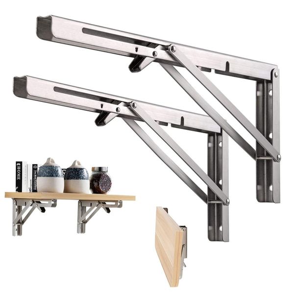 GNCLOUD 2pcs Folding Shelf Bracket 6 inch, Stainless Steel Collapsible Shelf Brackets, Folding Table Hinge, Wall Mounted Folding Table Hinge for Kitchen Bedroom Work Bench, Max Load: 150lb