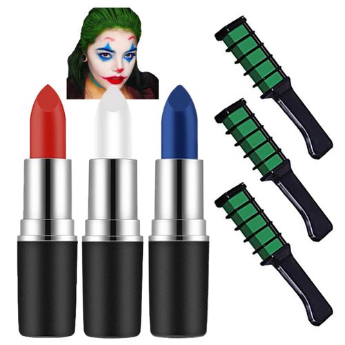 Mysense Clown Makeup Kit,Red White and Blue Joker Face Body Paint Stick,Cream Facepaint and Green Temporary Hair Color Chalk for Halloween Costume Cosplay Party DIY