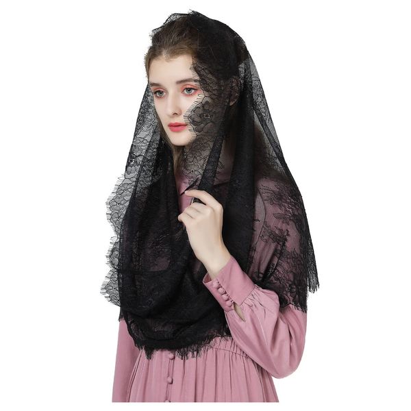 BEAUTELICATE Infinity Mantilla Veil Catholic Church Latin Mass Holy Communion Religious Ceremony Head Cover Formal Lace Scarf (Infinity Shape - Black)