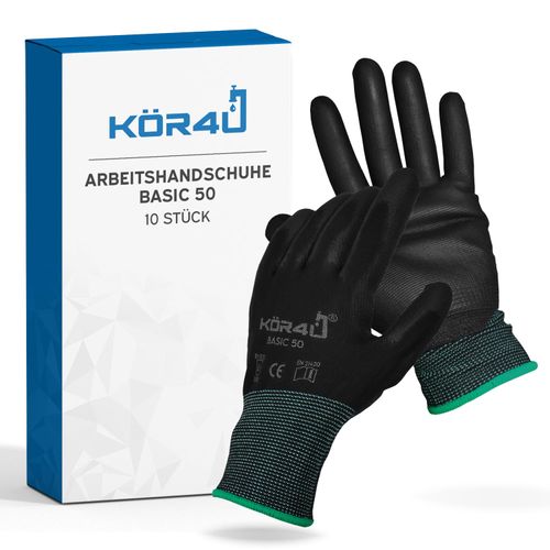 kör4u® 10 Pairs Of Breathable Work Gloves, Universal Protective Gloves with Coating, Suitable for Every Use, for Car, Gardening, Construction Work (M, Basic 50)
