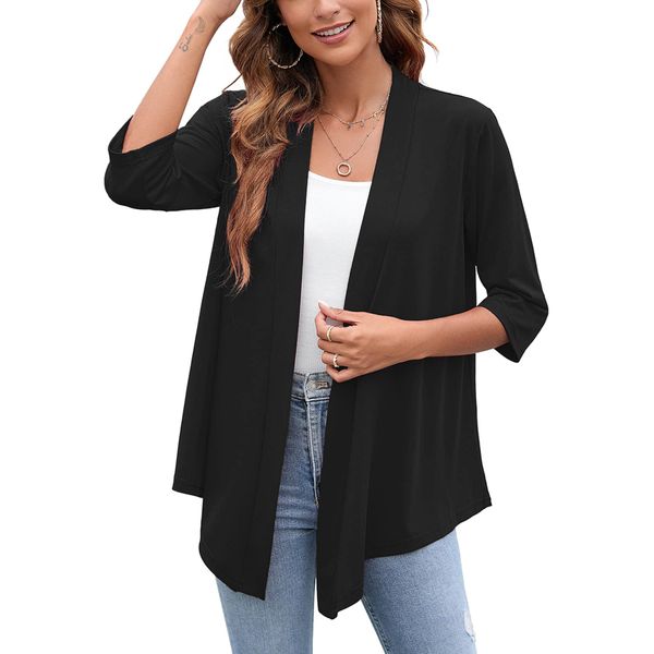 Heymoments Cardigan for Women Black X-Large Draped Open-Front 3/4 Sleeve Lightweight Casual Soft Drape Summer Fall Winter Kimonos Cardigans