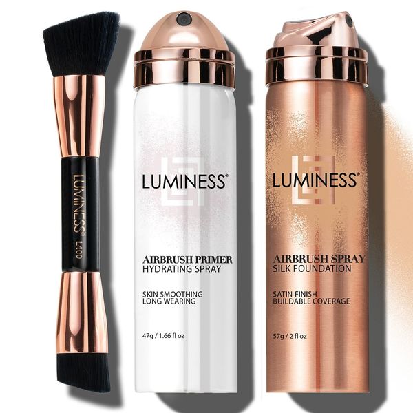 LUMINESS Silk Airbrush Foundation Makeup Kit - Full Coverage, Anti-Aging, Hydrating Foundation with Primer & Dual-Sided Buffing Brush (Light Medium)