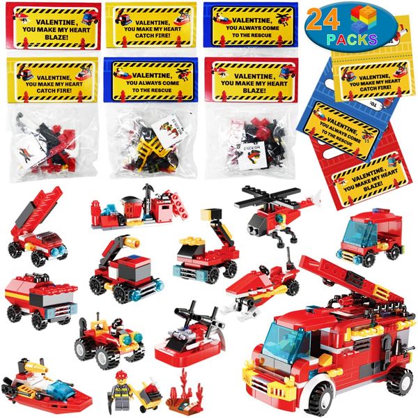 WODMAZ 24 Packs Fire Rescue Vehicles Building Blocks, Mini Fire Truck Building Blocks Set for Kids Party Supplies, Birthday Favors, Easter Basket Stuffers, Valentines Gifts Exchange for Boys Girls