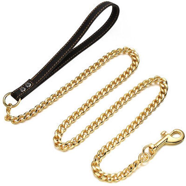 3ft Pet Dog Leash Duty Gold Stainless Steel NK Chain With Soft Leather Handle