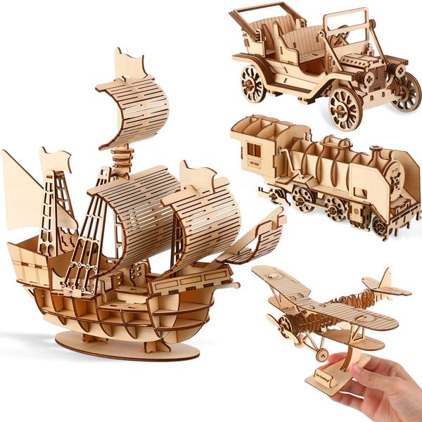 Yilloog 4 Pcs DIY 3D Wooden Puzzle Set Collectibles Wooden Model Kits for Adults Desk Display Educational Brain Teaser Puzzles Gift for Birthday, Christmas (Vehicle)