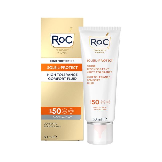 RoC - Soleil-Protect High Tolerance Comfort Fluid SPF 50 - UVA/B-Schutz - Gesichtsfeuchtigkeitscreme - Hypoallergenes Sonnenschutzmittel - Empfindliche Haut - 50 ml