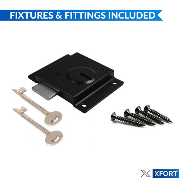 XFORT® Traditional 4” x 3” Rim Press Lock, Surface Mounted Black Rim Presslock with Key Operated Deadbolt, Ideal for Wooden Doors and Gates to Secure Garden Sheds, Garages and Outbuildings.