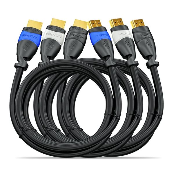 deleyCON HDMI Kabel SET - 3x 2m kompatibel zu HDMI 2.0a/b/1.4a - UHD 4K HDR 3D 1080p 2160p ARC - High Speed mit Ethernet - Blau/Grau/Schwarz