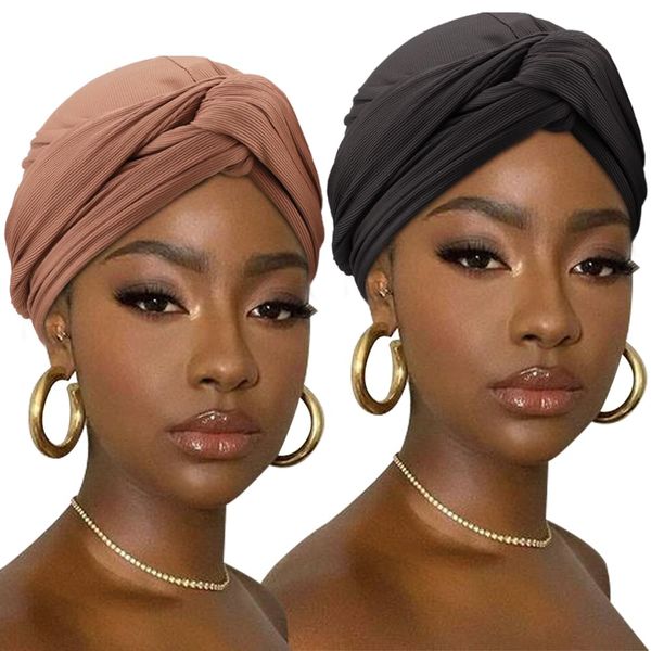 DRESHOW African Turban for Women Knotted Hairwraps Headwraps Ribbed Turban Stretch Jersey Head Scarf Chemo Cancer Cap