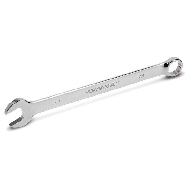 Powerbuilt 21mm Metric Combination Wrench, Long Pattern, 12 Point Double Ended Box and Open End, 15 Degree Offset Polished 640491