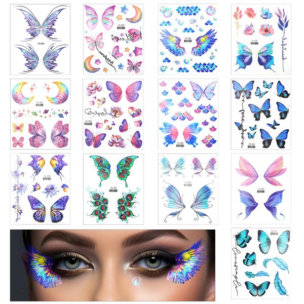 13 Stück Temporary Tattoo Schmetterling für Frauen Glitzer Temporäre Tattoos mit Glitzer Gesichtstattoo Festival Wasserfestes Glitzernde Fee Temporäre Tattoos für Mädchen für Party Make Up Halloween