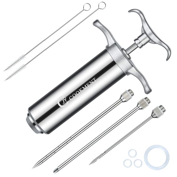 JY COOKMENT Meat Injector Syringe 2-oz Marinade Flavor Barrel 304 Stainless Steel with 3 Professional Needles 2 Cleaning Brushes and 4 Silicone O-Rings