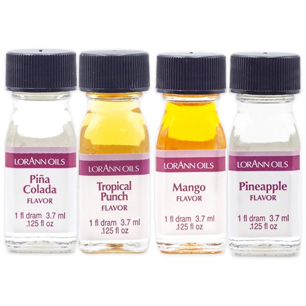 LorAnn SS Tropical Variety pack, 1 dram (.0125 fl oz - 3.7ml) bottles - 4 pack - Includes 1 Each of Tropical Punch, Pineapple, Pina Colada, Mango