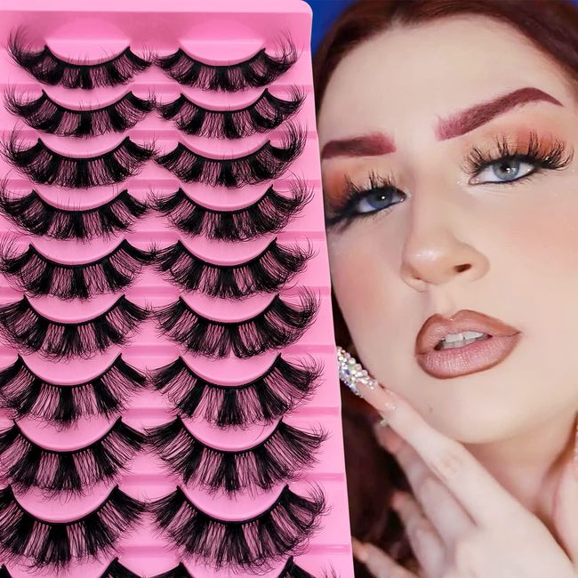 10 Pairs Fluffy Faux Mink Lashes Wispy Cat Eye False Eyelashes, Wispy Dramatic Lashes 20mm Long Lashes, Thick Volume Crossed Soft Curly Fake Lashes Lightweight Big Eye Lashes Pack(XZ09)