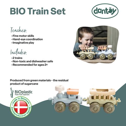 Dantoy: BIO Train Set - 2 Linking Toy Train Cars, Muted Colors, Indoor & Outdoor Play Vehicle, Caboose, Recycled Plastic, Kids & Toddlers Ages 2+
