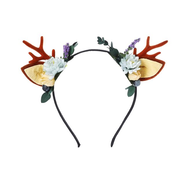 Christmas Reindeer Antlers Women Headband - Deer Xmas Hairband Antlers Hair Hoop with Ears for Ladies and Girls Christmas Thanksgiving Holiday Headwear(Blue Pearl Purple Flower)