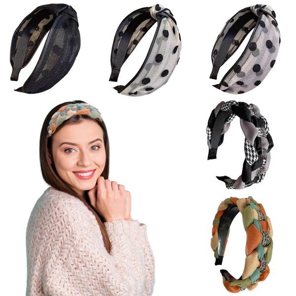 Traziewell Bridal Hair Hairband Polka Dot Headband for Women Bow Knot Fabric Headbands Knotted Twisted Headwrap Wide Hair Hoops Pack of 5pcs Hairbands Girls Ladies Wide Headband 3610