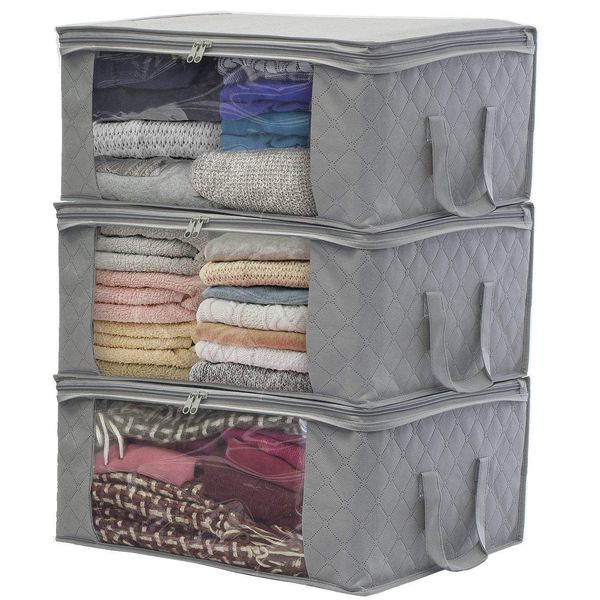 Sorbus Foldable Storage Bag Organizers, Large Clear Window & Carry Handles, Great for Clothes, Blankets, Closets, Bedrooms, and more (3-Pack, Gray)