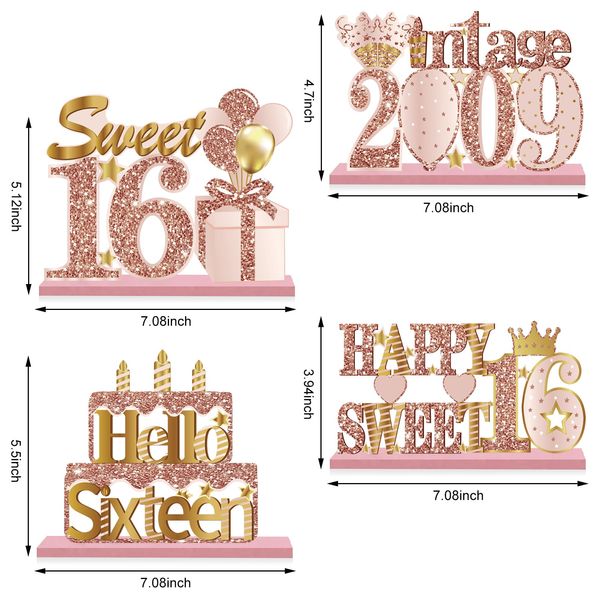 Yatufom 4 Pieces 16th Birthday Wooden Vintage 2009 Table Centerpieces Decoration for Girls, Pink Rose Gold Sweet 16 Birthday Table Sign Party Supplies, Hello 16 Old Bday Table Decor