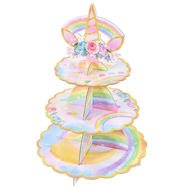 Unicorn Cupcake Stand - Unicorn Birthday Party Decorations for Girls Kids 3-Tier Cardboard Cupcake Stand Dessert Tower Holder Round Serving Tray Stand Unicorn Horn Theme Baby Shower Party Supplies