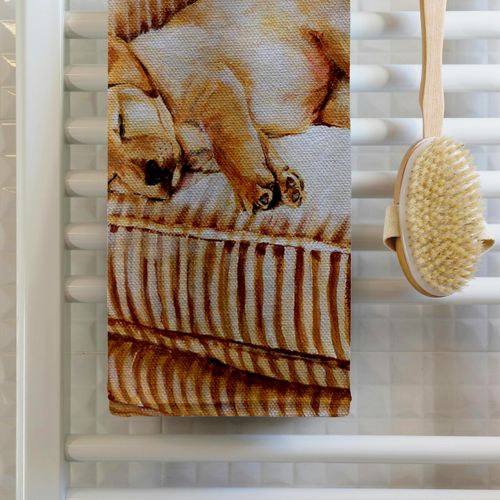 3D Rose Little Yellow Lab Puppy Sleeping in The Sun On A Golden Striped Couch TWL_44570_1 Towel, 15" x 22"