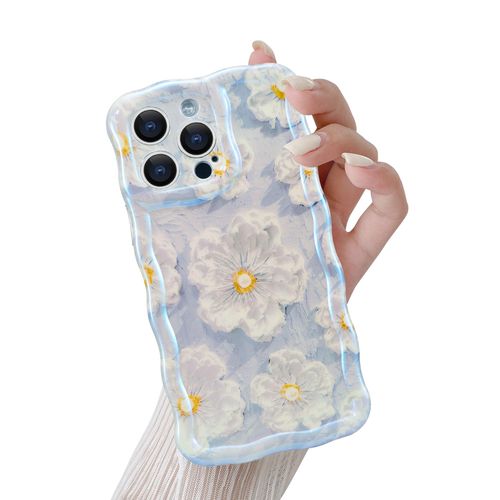 QLTYPRI Case for iPhone 16 Pro Max, Laser Colorful Retro Oil Painting Flower Pattern Cute Curly Wave Border Phone Case for Girls Women, Shockproof TPU Protective Phone Cover - Blue