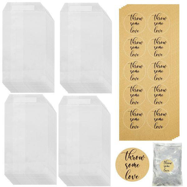 50 Sets Wedding Confetti Bags Kit 70x125mm Wedding Confetti Glassine Bags with 50 PCS Kraft Brown Wedding Confetti Stickers Biodegradable Wedding Favor Bags Glassine Envelopes for Wedding