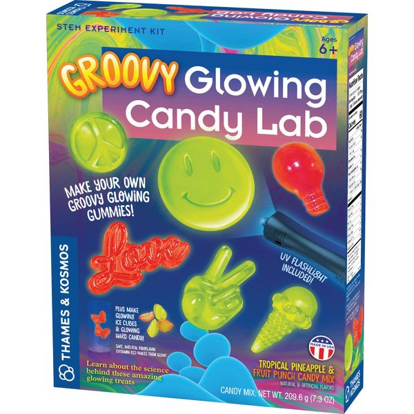 Thames & Kosmos Groovy Glowing Candy Lab STEM Kit | Make Glow-in-the-Dark Candies, Ice Cubes | Explore Luminescence & Chemistry of Gummies | Cool Shapes, Flavors, Safe to Eat | Includes LED Flashlight