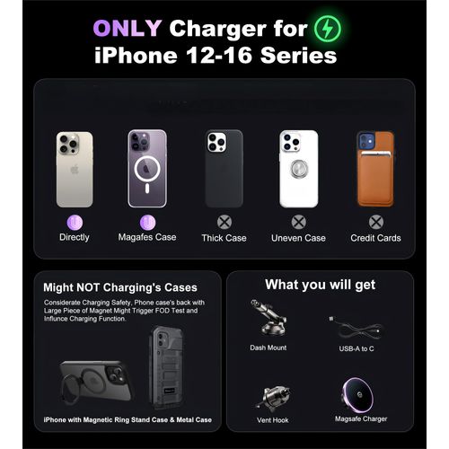 GuMosh for MagSafe Car Mount Charger Dash Vent Windshield Wireless Car Charger with LED Light, Strong Magnetic Phone Holder for Car for iPhone 16 15 14 13 12 Series, Fit MagSafe Accessories (Purple)