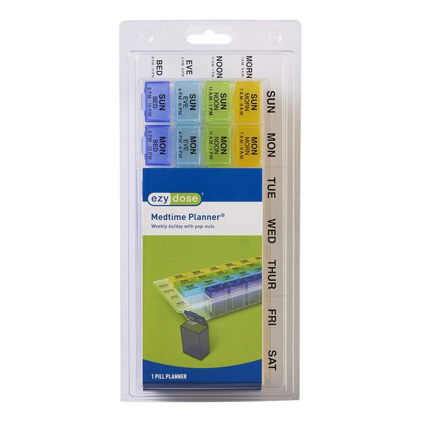 EZY DOSE Weekly Med-Control Tray Pill Planner │Pill Organizer │4-Times per Day, Multi-color, (67771)