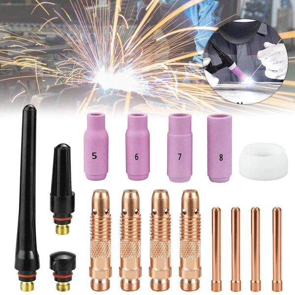 EMAGEREN 16 Pcs TIG Welding Torch Accessories Kit TIG Collet Body Alumin Nozzle Consumables Kit TIG Welding Cups Welding Collet Gasket TIG Back Cup Kit TIG Welding Torch Supplies for SR WP-17/18/26