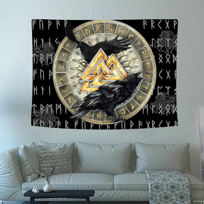 Arsey Nordische Mythologie Wikinger Wandteppich Valknut Raben Kunst Wandbehang Meditation Rune Aesthetic Rechteckig Wandtuch für Wohnzimmer Schlafzimmer Mittelalter Deko 150cm x 130cm