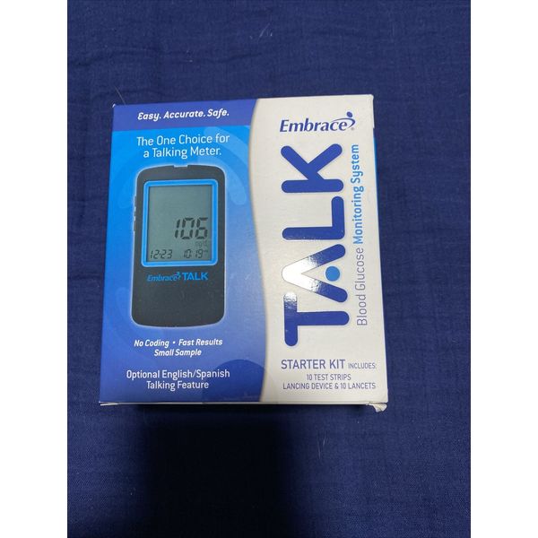 Embrace Talk Blood Glucose Meter English & Spanish w/10 strips Exp 04/26/2024