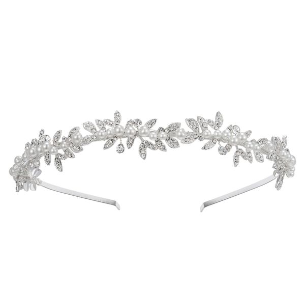 SWEETV Rhinestone Bridal Headband Silver Crystal Tiara for Women Pearl Wedding Headpieces for Bride Hair Accessories for Prom Birthday Party