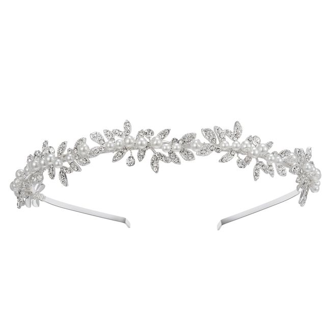 SWEETV Rhinestone Bridal Headband Silver Crystal Tiara for Women Pearl Wedding Headpieces for Bride Hair Accessories for Prom Birthday Party