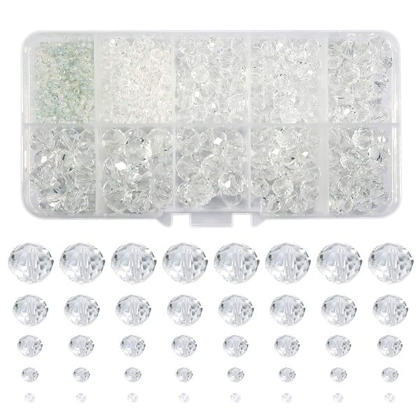 TOAOB 1000pcs Clear Crystal Glass Beads 2mm 4mm 6mm 8mm10mm Faceted Spacer Beads for Jewelry Making DIY Craft Project Decorations Bracelet Making Kit