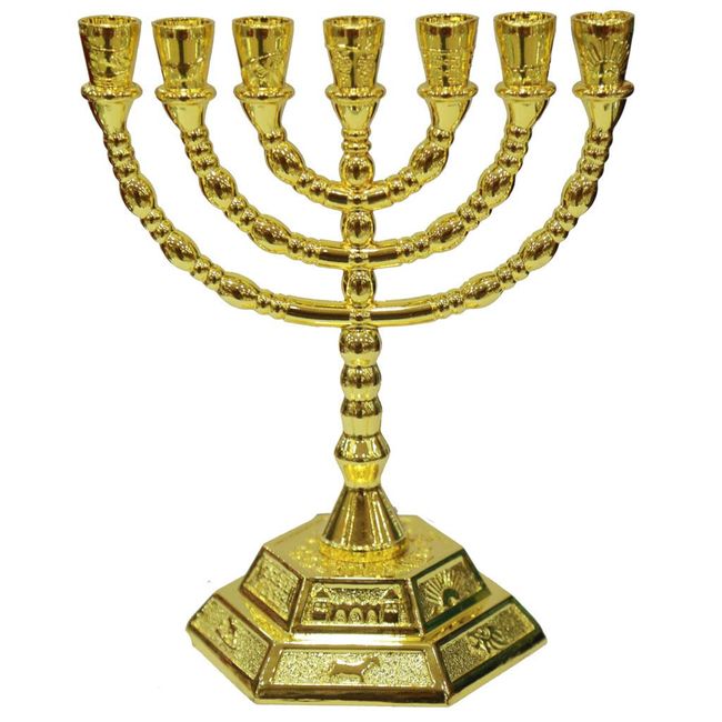 12 Tribes of Israel Jerusalem Temple Menorah choose from 3 Sizes Gold or Silver (Gold, 8 Inches)