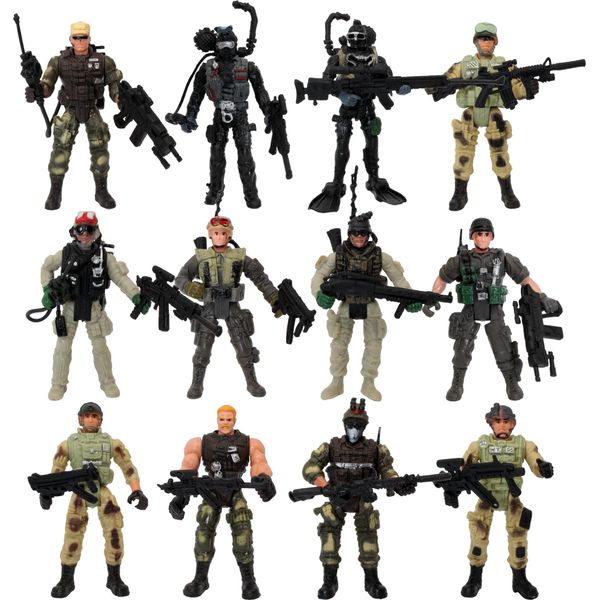 PowerTRC 12 Pack Special Forces Action Army Combat Military, War Men Weapons Figures and Accessories Pose-able Toy Play Set for Kids (4-Inches)