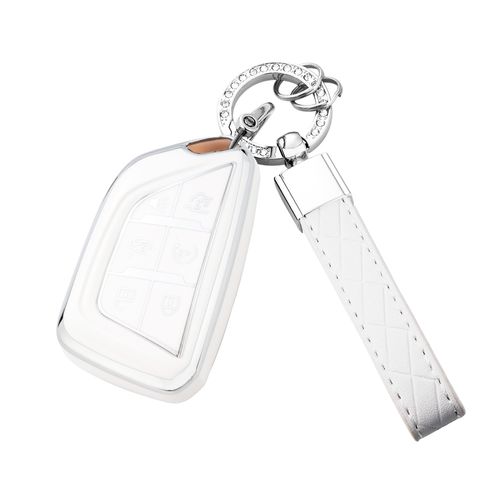 Flensent Key Fob Cover with Keychain for Cadillac 2020 2021 2022 ATS CT5 CT6 XT4 XT5 XTS Soft TPU Car Smart Keys Case (White)