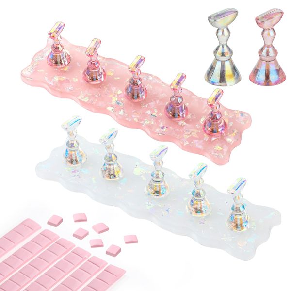 Prasacco 2 Sets Nail Stand for Painting Nails, Acrylic Nail Holder for Press on Nails Display with 96 pcs Reusable Adhesive Putty Magnetic Fake Nail Holder for Painting for Home DIY Salon(White+Pink)