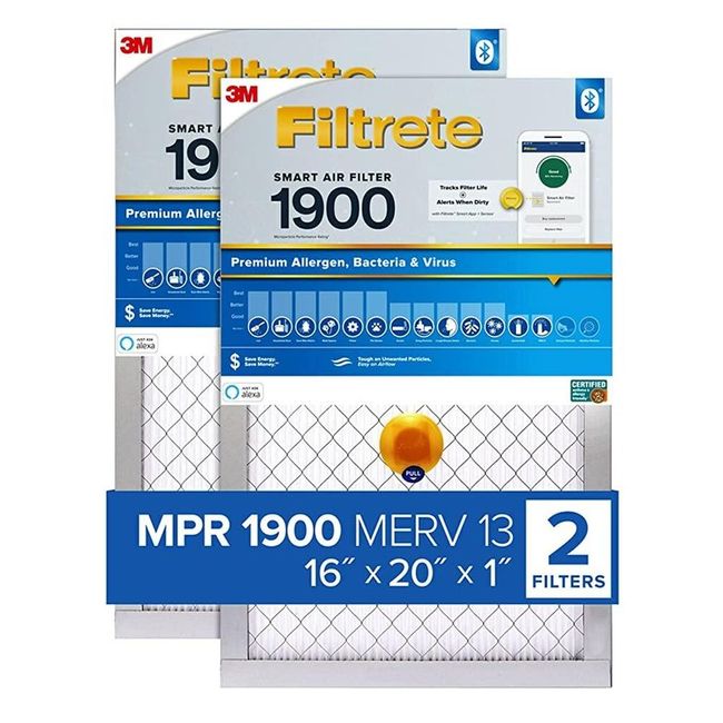 Filtrete 40.6x50.8x2.5cm 16x20x1 in Air Filter MPR 1900 MERV 13 Premium Allergen Bacterial and Virus Smart Filter 2-Pack Tablets, 16x20x1_2-Pack Smart