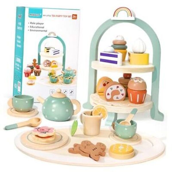 Tea Party Set for Little Girls with Cupcake Stand, Wooden Tea Set Toys for