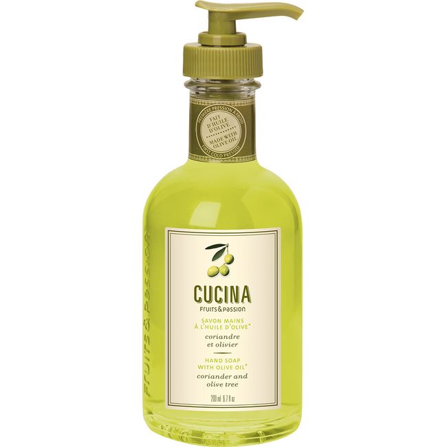 Fruits & Passion [Cucina] Coriander & Olive Tree Hand Soap (6.76 fl oz) - Luxury Scented Kitchen Liquid Hand Soap, Vegan, Natural Moisturizing Hand Wash in Premium Glass Hand Soap Dispenser