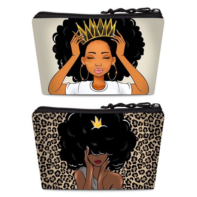 BDAWQUG 2 Pieces Makeup Bag Accessories Pouch Black Queen Afro Melanin Art Travel Toiletry Bag Reusable Cosmetic Organizer for Women Afro Gifts