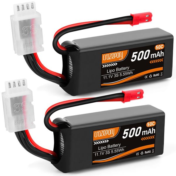 Crazepony 3S Lipo Battery 500mAh 50C 11.1V Lipo Battery with JST Connector Rechargeable Lipos for RC Airplane Racing Drone Helicopter Quadcopter Micro FPV RC Car Truck Boat-2 Packs