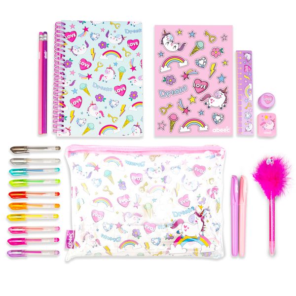 abeec Unicorn Stationery Set with A5 Notebook and Clear Pencil Case - Unicorn Gifts for Girls - Includes Unicorn Pen, Gel Pens, 15cm Ruler, Pencils for Kids and Unicorn Stickers