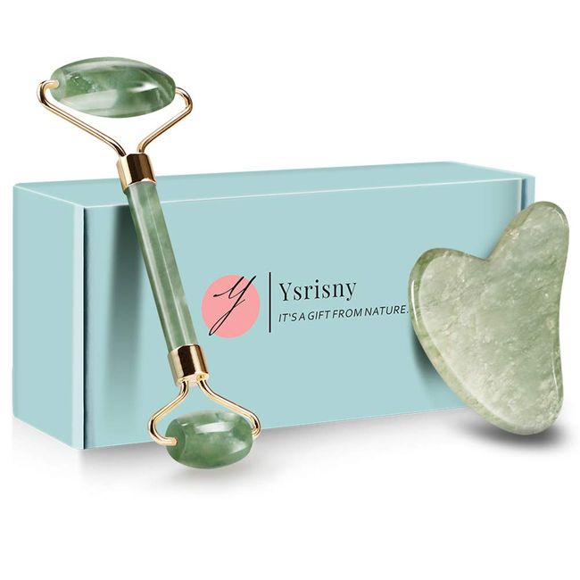 Ysrisny Jade Roller for Face and Gua Sha Set Face Roller Natural Jade Stone for Anti Aging,Eye Puffiness Wrinkles,Skincare Massage Tools for Face Eyes